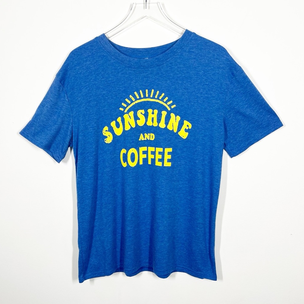 Sunshine and Coffee Graphic Print Womens Size XL Extra Large Blue Yellow T-Shirt